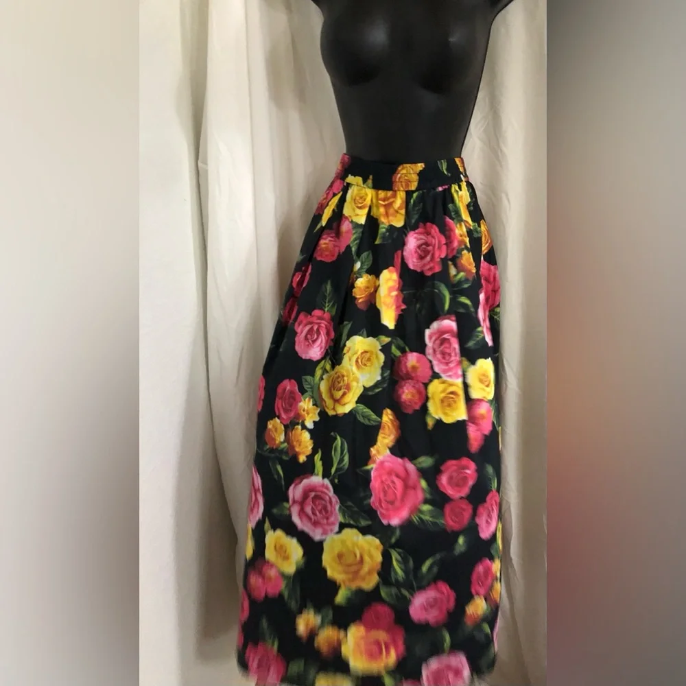 Joie black and yellow red pink roses print maxi cotton blend skirt size medium